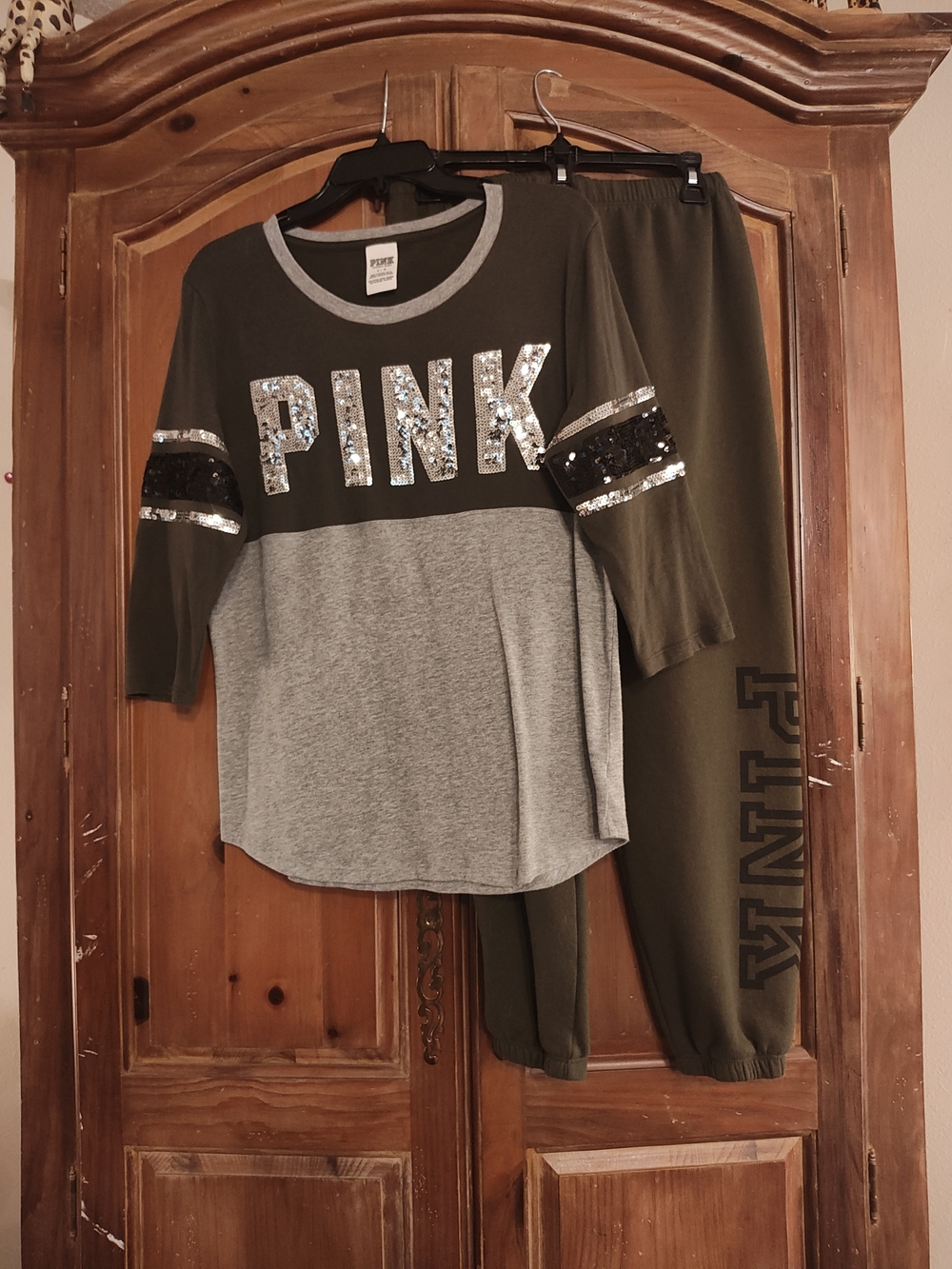 PINK Victoria's Secret Olive & Gray Sequin Logo Jogger Set